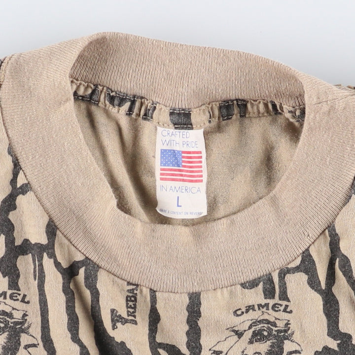 90'S CAMEL Trevor Camo Advertising T-Shirt Made in USA Men's L Size Vintage polyester Khaki type beige Vintage Second Hand
