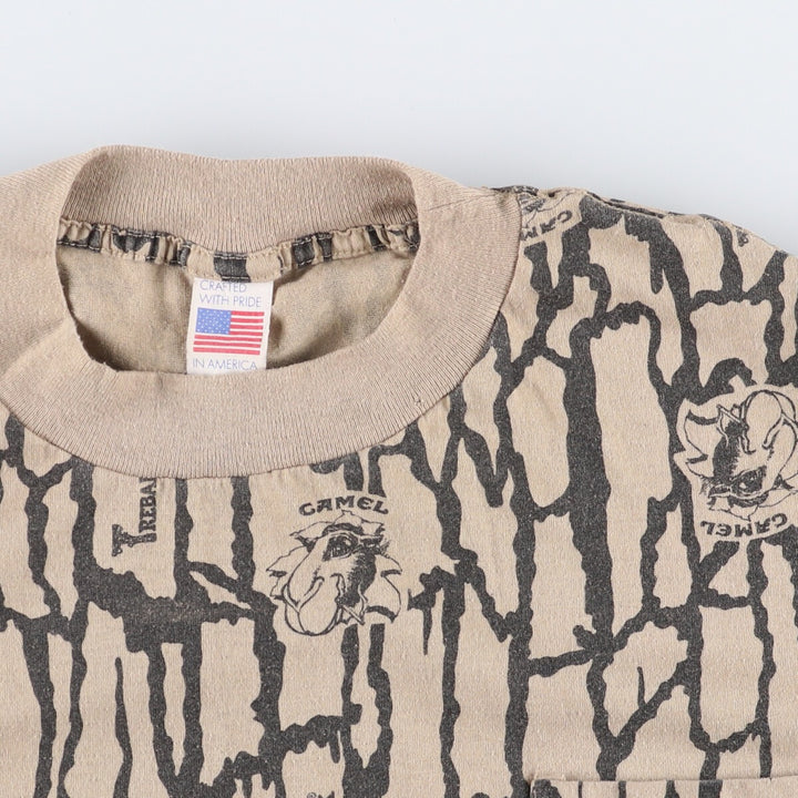 90'S CAMEL Trevor Camo Advertising T-Shirt Made in USA Men's L Size Vintage polyester Khaki type beige Vintage Second Hand
