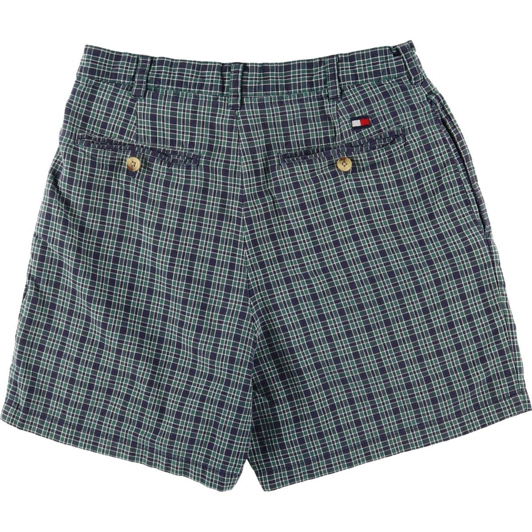 90'S Tommy Hilfiger Two-pleat Check Pattern Cotton Shorts, Women's Size L, Vintage cotton navy blue type Vintage Second Hand