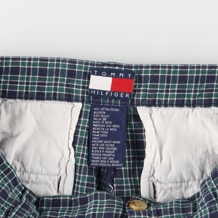 90'S Tommy Hilfiger Two-pleat Check Pattern Cotton Shorts, Women's Size L, Vintage cotton navy blue type Vintage Second Hand