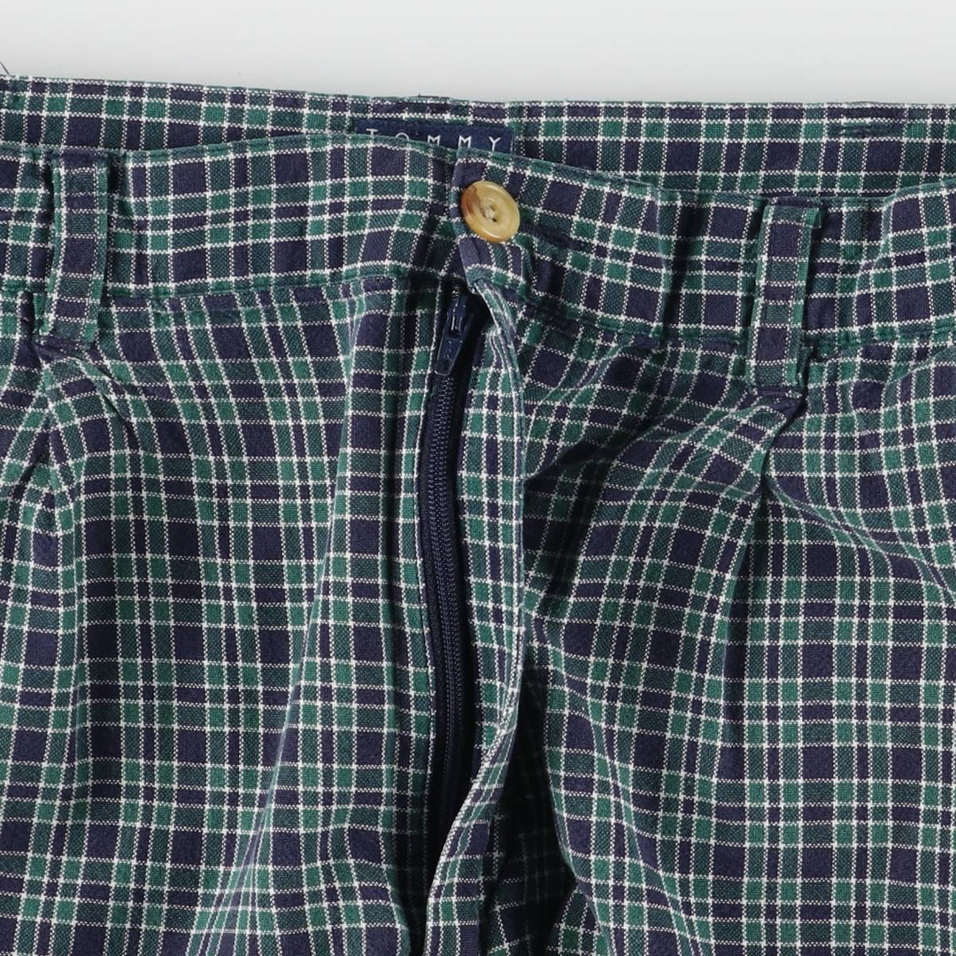 90'S Tommy Hilfiger Two-pleat Check Pattern Cotton Shorts, Women's Size L, Vintage cotton navy blue type Vintage Second Hand