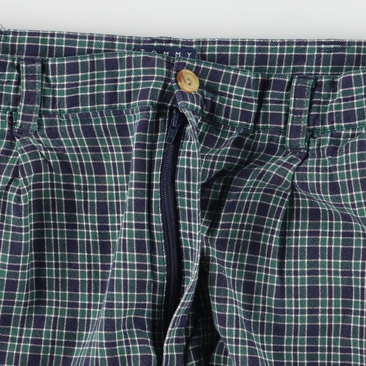 90'S Tommy Hilfiger Two-pleat Check Pattern Cotton Shorts, Women's Size L, Vintage cotton navy blue type Vintage Second Hand