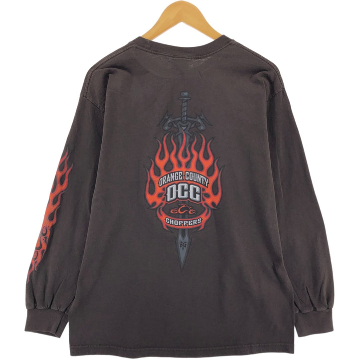 00'S ORANGE COUNTY CHOPPERS back print long sleeve T-shirt, men's size L cotton brown type Vintage Second Hand