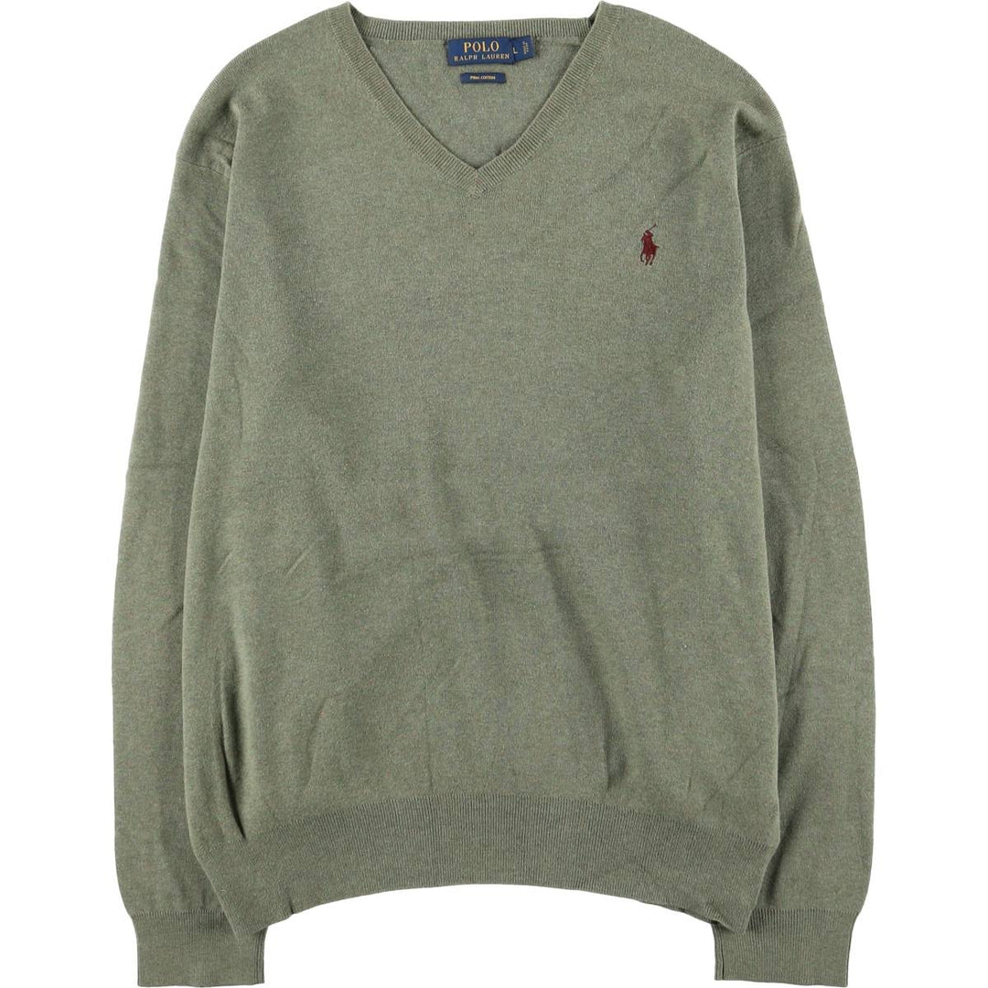 Ralph Lauren POLO RALPH LAUREN V-neck Pima cotton knit sweater, men's size L Pima Cotton Khaki type sage green Vintage Second Hand