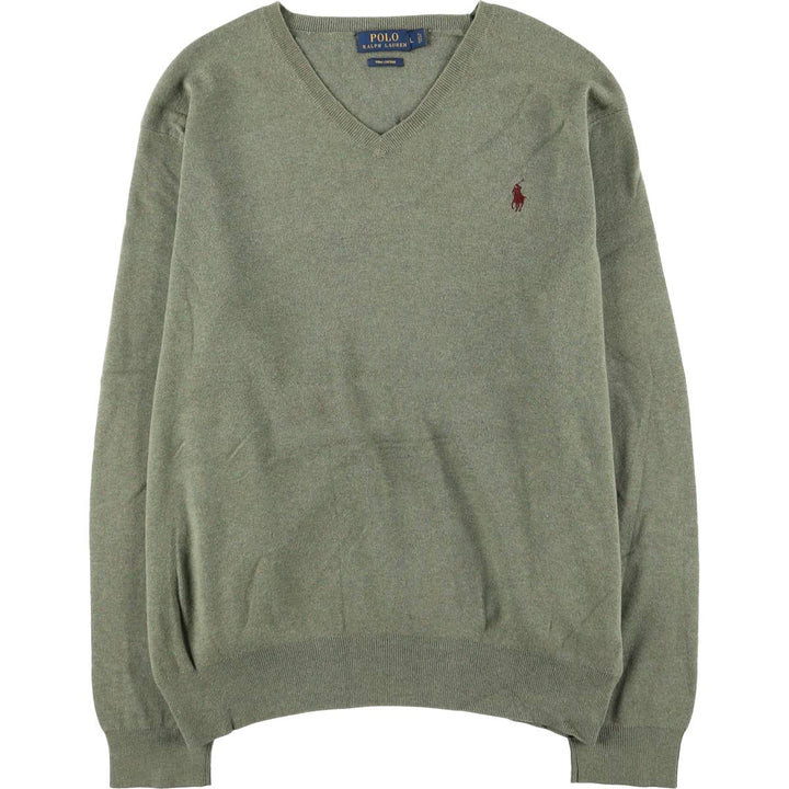 Ralph Lauren POLO RALPH LAUREN V-neck Pima cotton knit sweater, men's size L Pima Cotton Khaki type sage green Vintage Second Hand