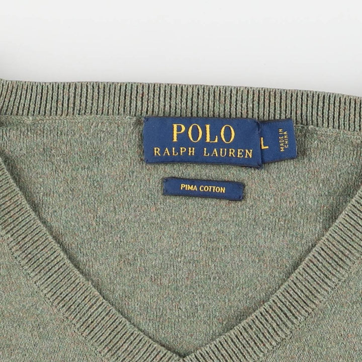 Ralph Lauren POLO RALPH LAUREN V-neck Pima cotton knit sweater, men's size L Pima Cotton Khaki type sage green Vintage Second Hand