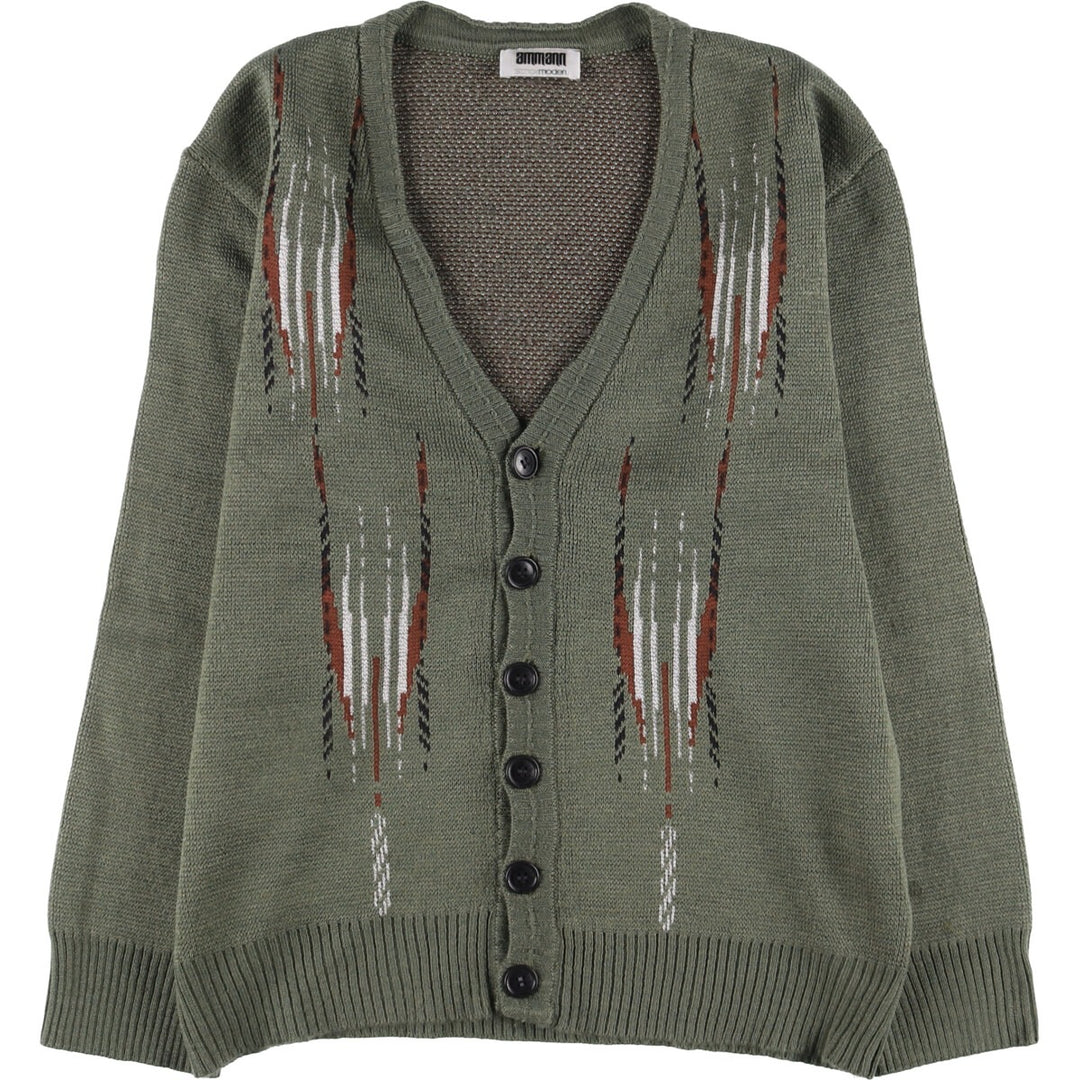 ammann all-over print knit cardigan, men's size M unclear green type Vintage Second Hand