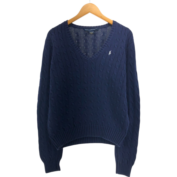 Ralph Lauren RALPH LAUREN SPORT Cable knit V-neck cotton knit sweater Women's XL size cotton navy blue type Vintage Second Hand