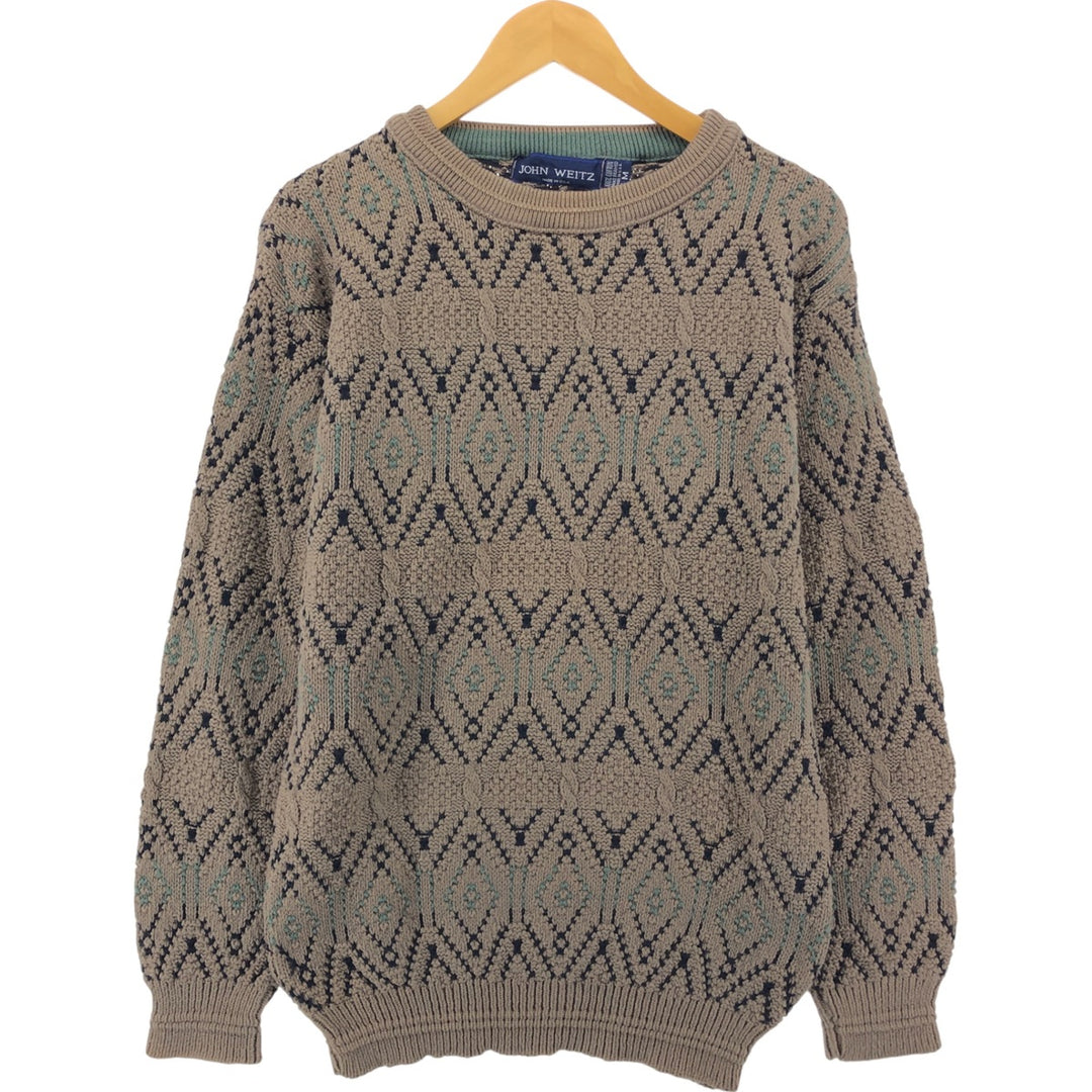JOHN WEITZ all-over print cotton knit sweater, made in the USA, men's size M cotton Khaki type beige Vintage Second Hand