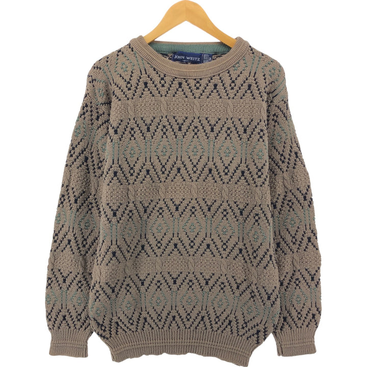 JOHN WEITZ all-over print cotton knit sweater, made in the USA, men's size M cotton Khaki type beige Vintage Second Hand