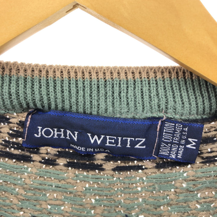 JOHN WEITZ all-over print cotton knit sweater, made in the USA, men's size M cotton Khaki type beige Vintage Second Hand