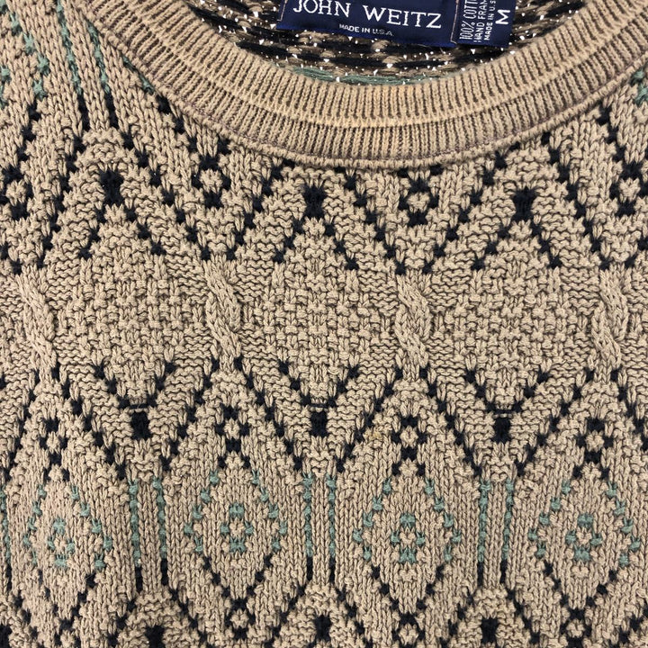 JOHN WEITZ all-over print cotton knit sweater, made in the USA, men's size M cotton Khaki type beige Vintage Second Hand