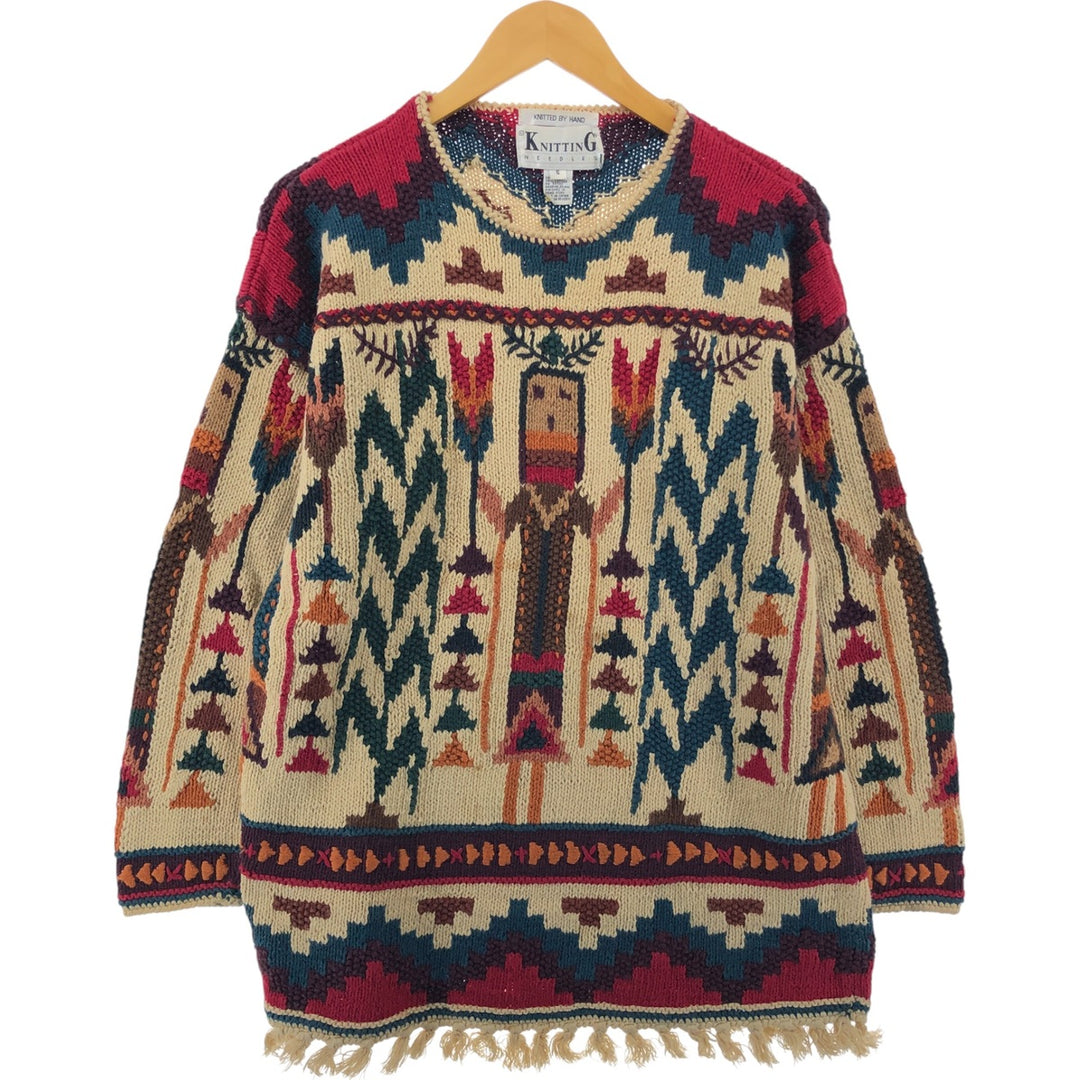 Vintage 80s-90'S KNITTING NEEDLES Native Pattern Fringed Cotton Knit Sweater, Men's Size Small Lamy Beige type Vintage Second Hand