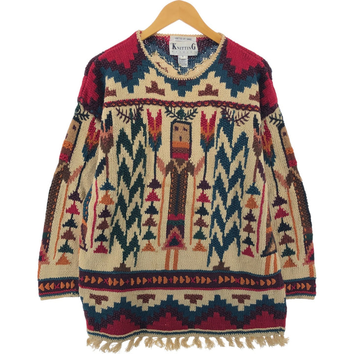 Vintage 80s-90'S KNITTING NEEDLES Native Pattern Fringed Cotton Knit Sweater, Men's Size Small Lamy Beige type Vintage Second Hand