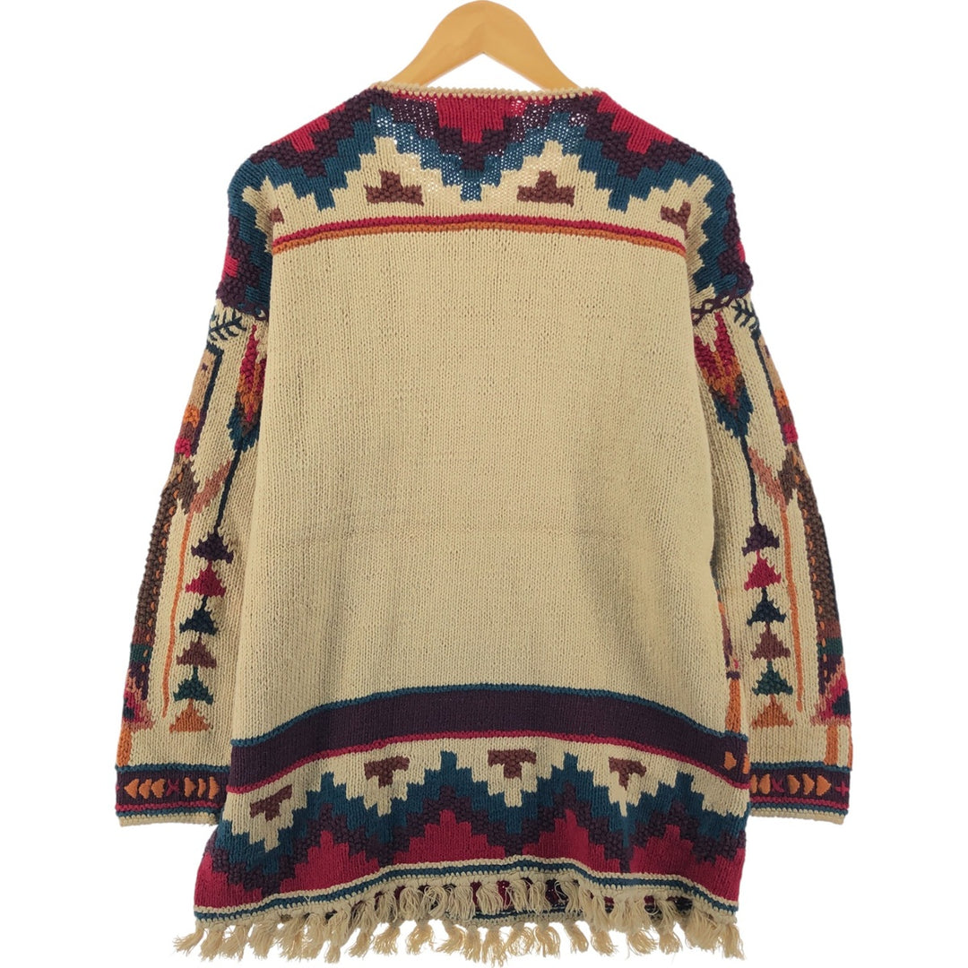 Vintage 80s-90'S KNITTING NEEDLES Native Pattern Fringed Cotton Knit Sweater, Men's Size Small Lamy Beige type Vintage Second Hand