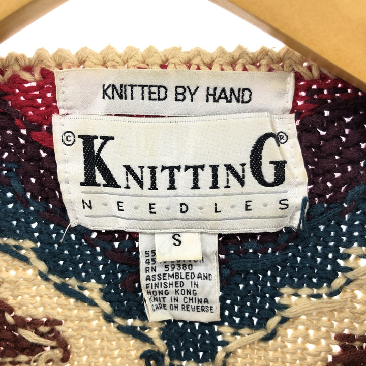 Vintage 80s-90'S KNITTING NEEDLES Native Pattern Fringed Cotton Knit Sweater, Men's Size Small Lamy Beige type Vintage Second Hand