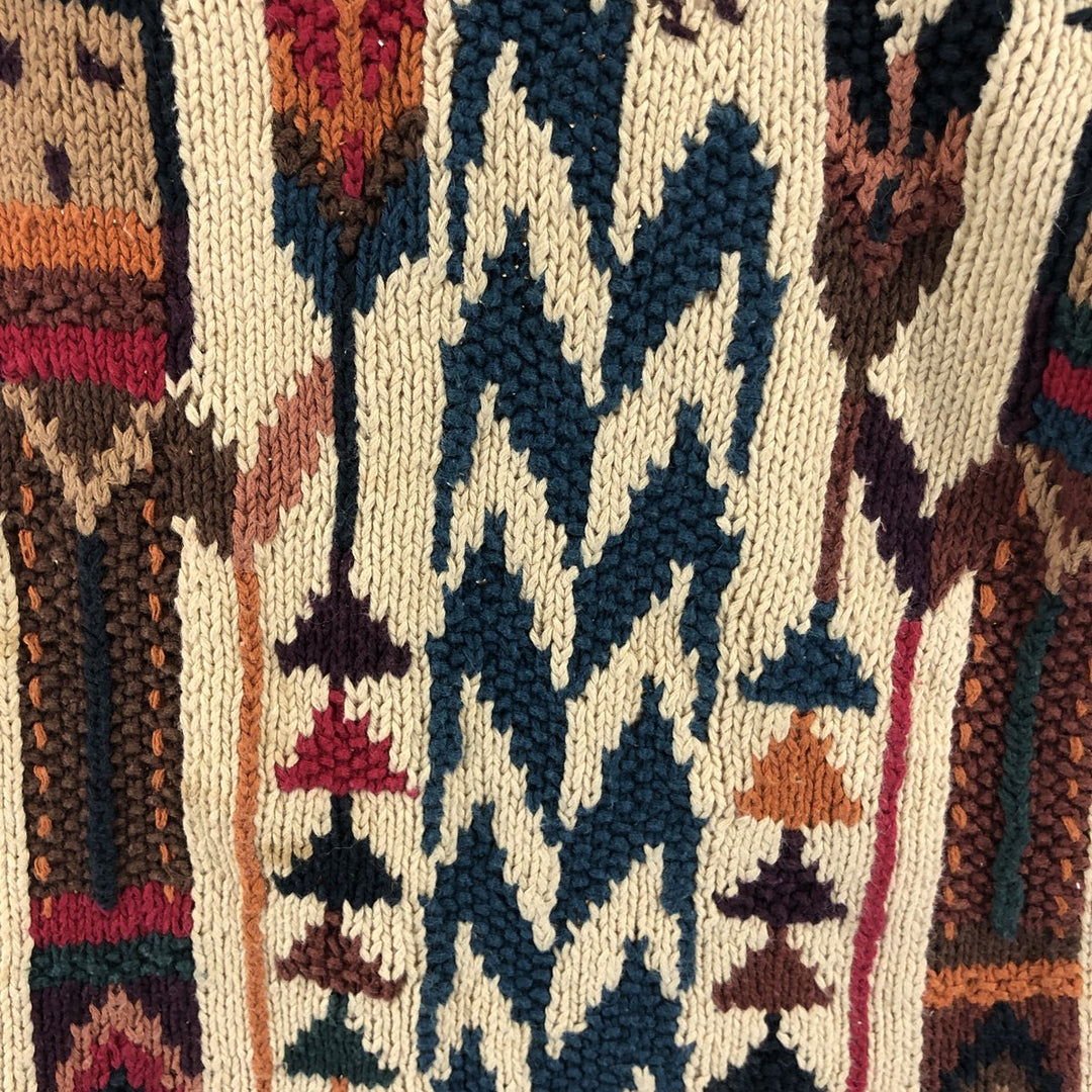 Vintage 80s-90'S KNITTING NEEDLES Native Pattern Fringed Cotton Knit Sweater, Men's Size Small Lamy Beige type Vintage Second Hand