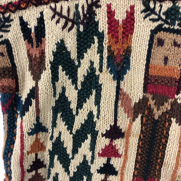 Vintage 80s-90'S KNITTING NEEDLES Native Pattern Fringed Cotton Knit Sweater, Men's Size Small Lamy Beige type Vintage Second Hand