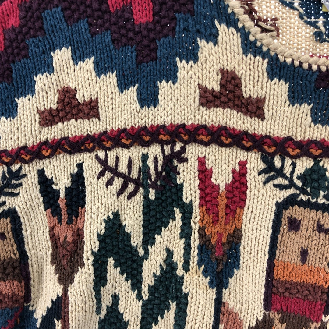 Vintage 80s-90'S KNITTING NEEDLES Native Pattern Fringed Cotton Knit Sweater, Men's Size Small Lamy Beige type Vintage Second Hand