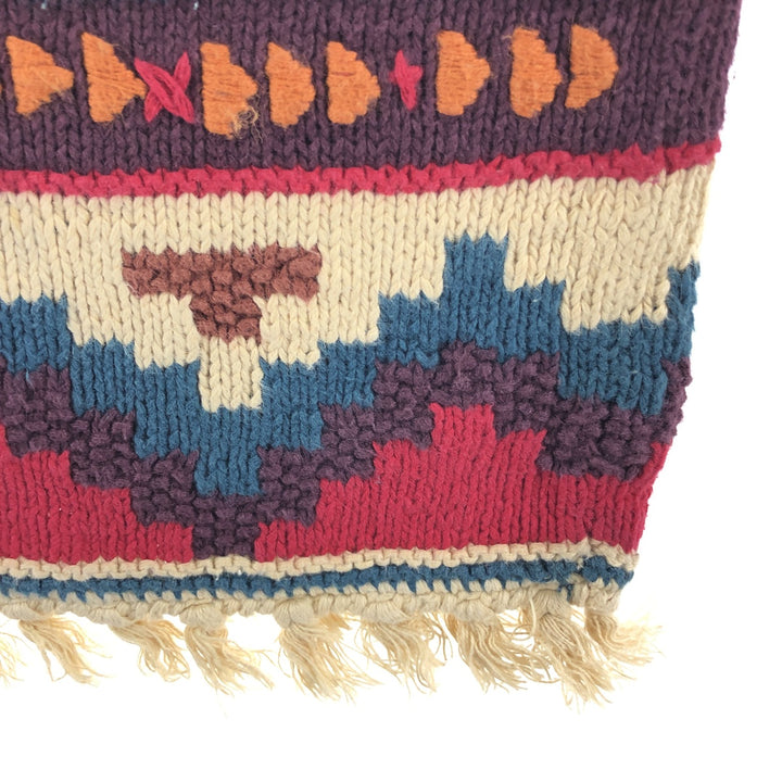 Vintage 80s-90'S KNITTING NEEDLES Native Pattern Fringed Cotton Knit Sweater, Men's Size Small Lamy Beige type Vintage Second Hand