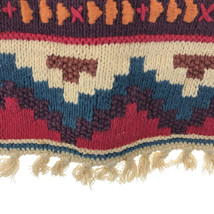 Vintage 80s-90'S KNITTING NEEDLES Native Pattern Fringed Cotton Knit Sweater, Men's Size Small Lamy Beige type Vintage Second Hand