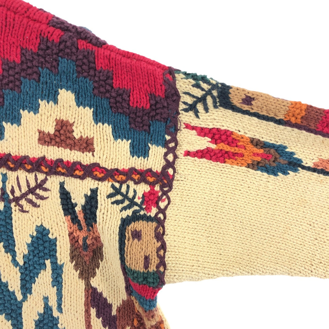 Vintage 80s-90'S KNITTING NEEDLES Native Pattern Fringed Cotton Knit Sweater, Men's Size Small Lamy Beige type Vintage Second Hand
