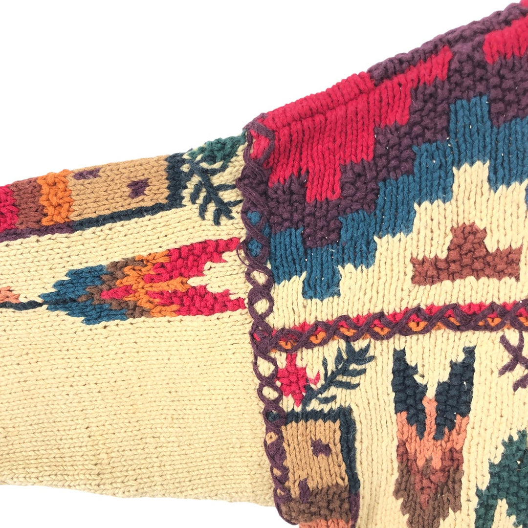 Vintage 80s-90'S KNITTING NEEDLES Native Pattern Fringed Cotton Knit Sweater, Men's Size Small Lamy Beige type Vintage Second Hand