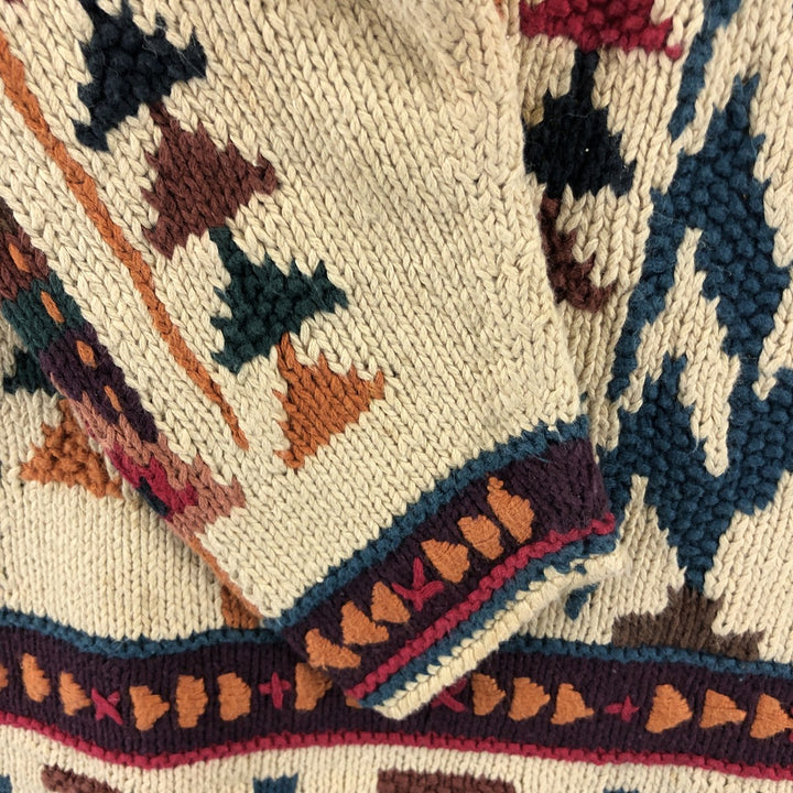 Vintage 80s-90'S KNITTING NEEDLES Native Pattern Fringed Cotton Knit Sweater, Men's Size Small Lamy Beige type Vintage Second Hand