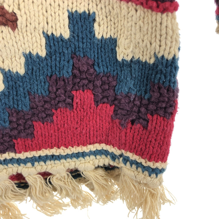 Vintage 80s-90'S KNITTING NEEDLES Native Pattern Fringed Cotton Knit Sweater, Men's Size Small Lamy Beige type Vintage Second Hand
