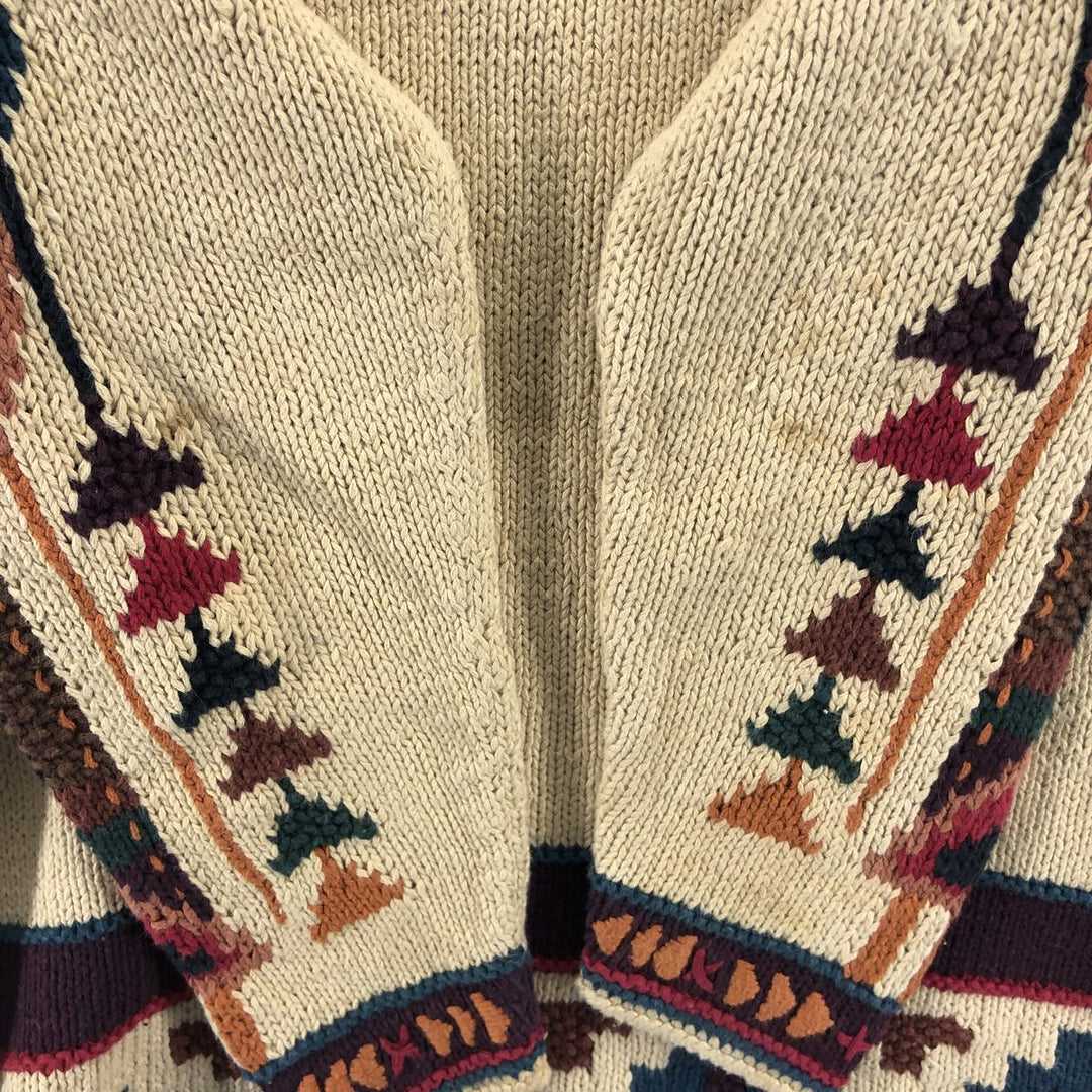 Vintage 80s-90'S KNITTING NEEDLES Native Pattern Fringed Cotton Knit Sweater, Men's Size Small Lamy Beige type Vintage Second Hand