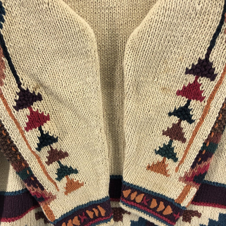 Vintage 80s-90'S KNITTING NEEDLES Native Pattern Fringed Cotton Knit Sweater, Men's Size Small Lamy Beige type Vintage Second Hand