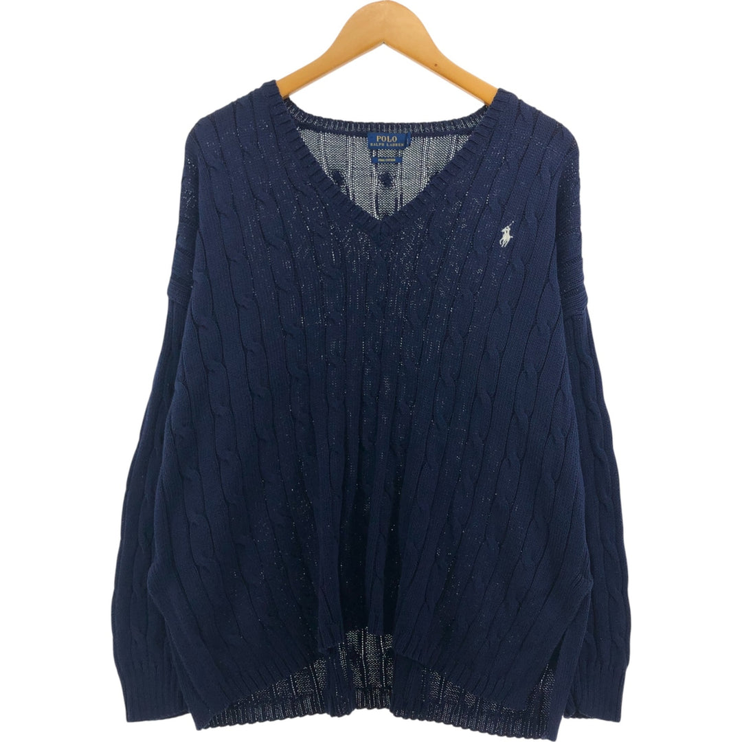 Ralph Lauren POLO RALPH LAUREN cable knit V-neck cotton knit sweater, men's size L cotton navy blue type Vintage Second Hand