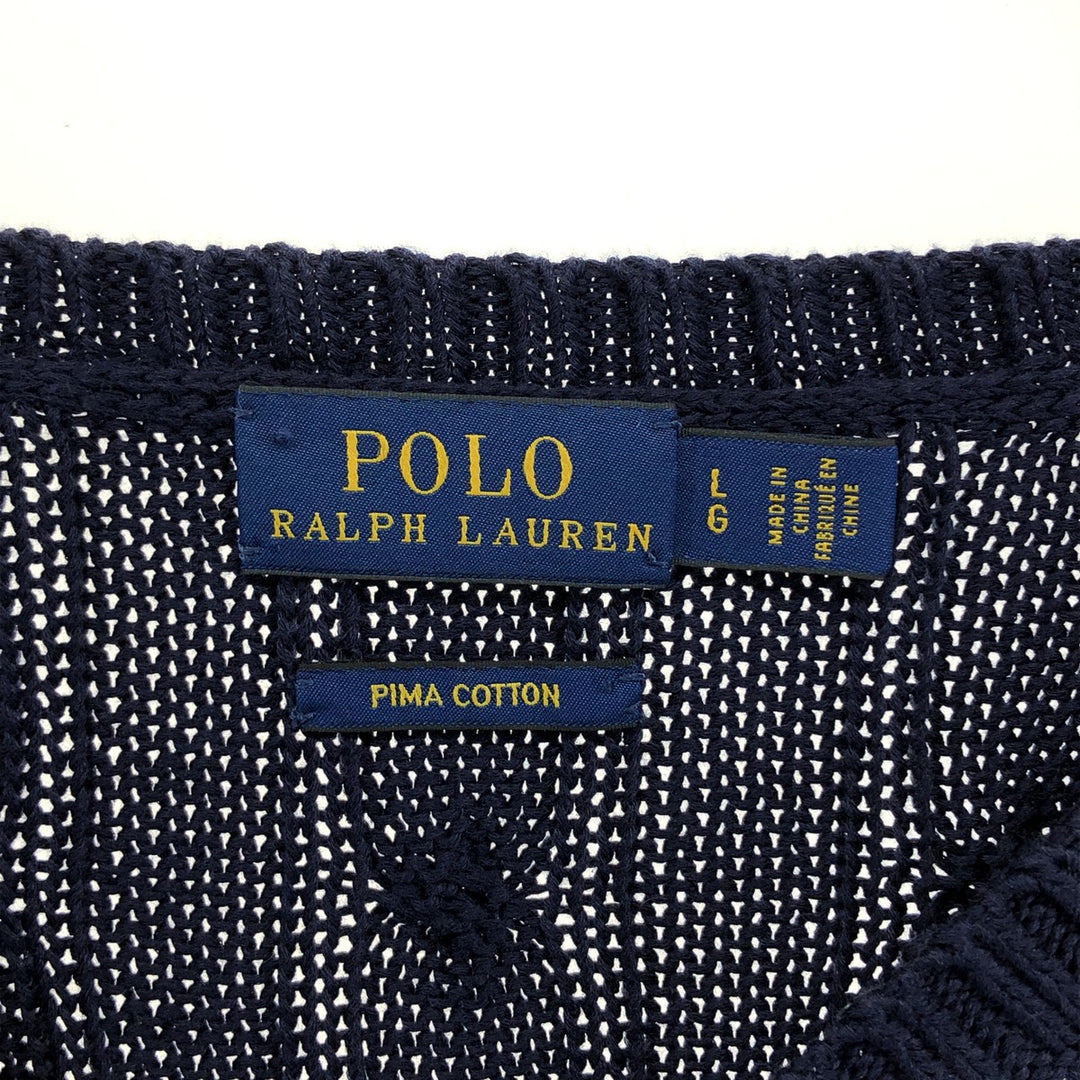 Ralph Lauren POLO RALPH LAUREN cable knit V-neck cotton knit sweater, men's size L cotton navy blue type Vintage Second Hand