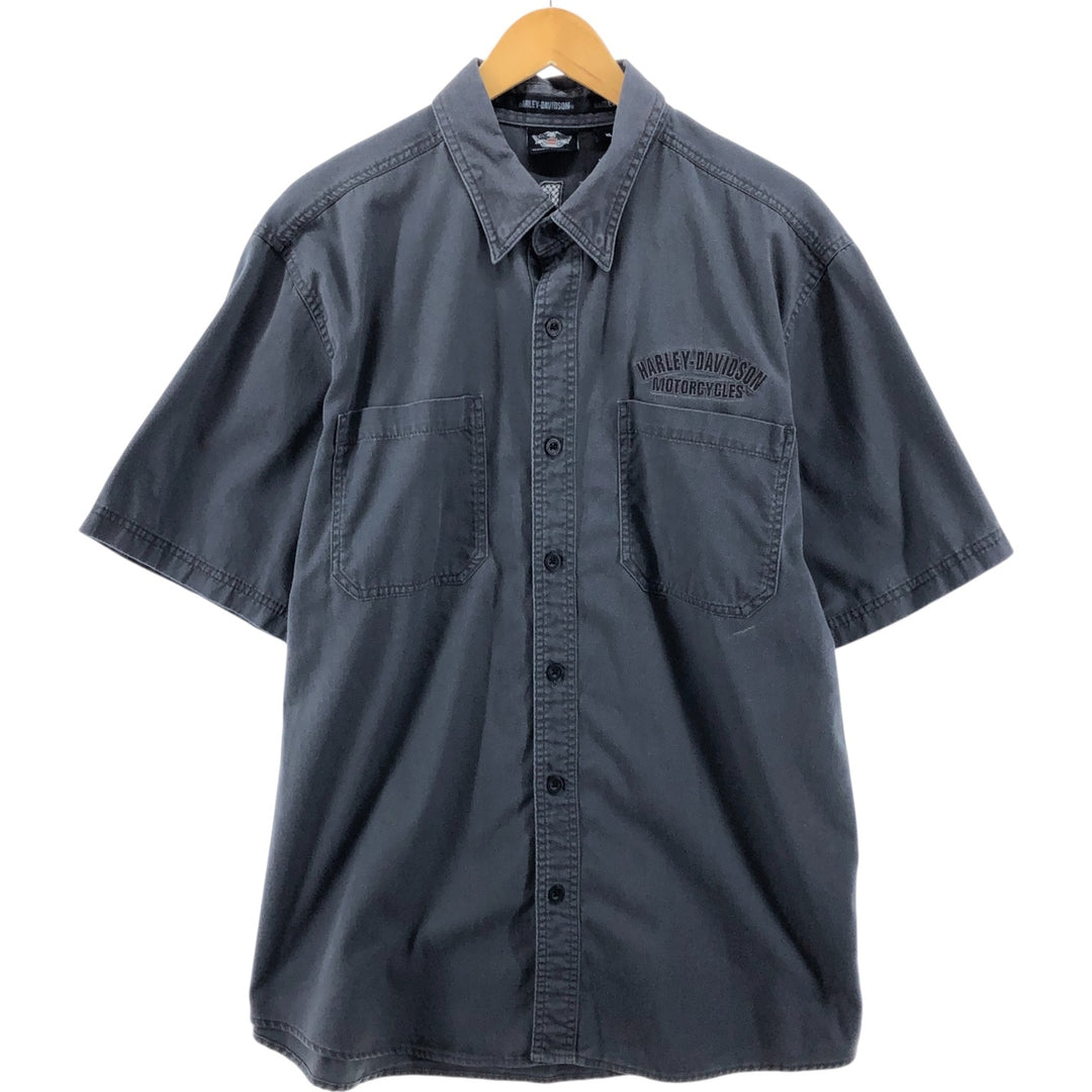 Harley-Davidson Fire Pattern Short Sleeve Work Shirt Box Shirt Men's XL cotton gray type Vintage Second Hand