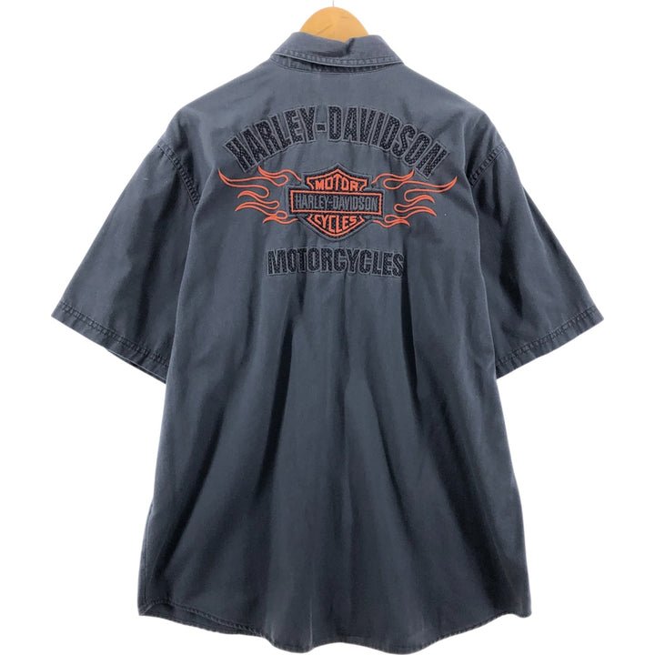 Harley-Davidson Fire Pattern Short Sleeve Work Shirt Box Shirt Men's XL cotton gray type Vintage Second Hand