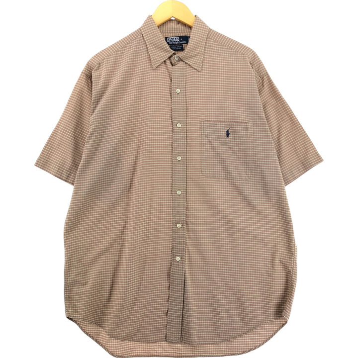 Ralph Lauren LOWELL SPORT short sleeve check shirt, men's size L cotton beige type brown Vintage Second Hand