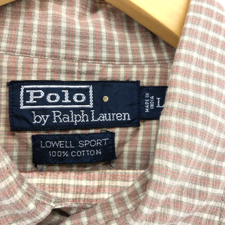 Ralph Lauren LOWELL SPORT short sleeve check shirt, men's size L cotton beige type brown Vintage Second Hand