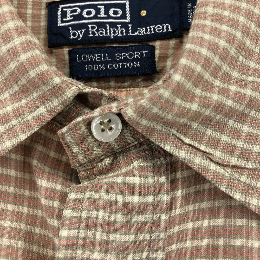 Ralph Lauren LOWELL SPORT short sleeve check shirt, men's size L cotton beige type brown Vintage Second Hand