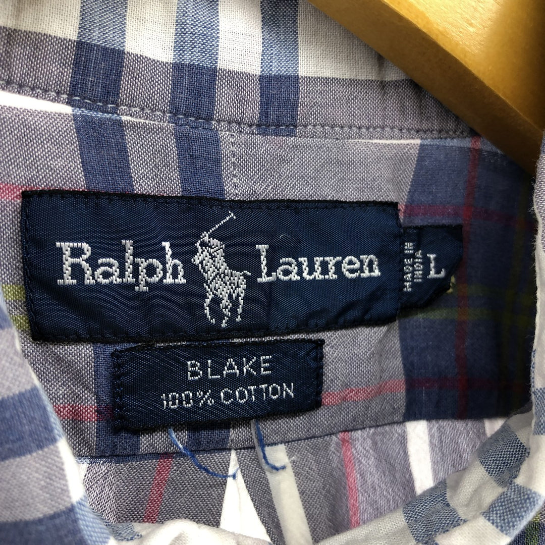 Ralph Lauren BLAKE short sleeve button down check shirt, men's size L cotton gray type Vintage Second Hand