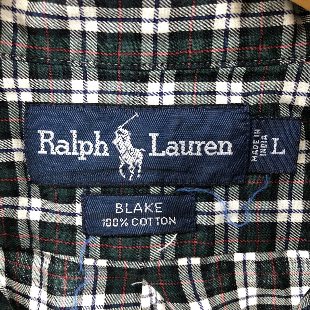 Ralph Lauren BLAKE long sleeve button down check shirt, men's size L cotton green type Vintage Second Hand