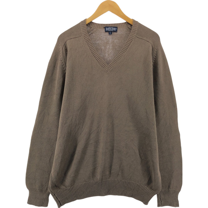 2000'S Land's End V-neck cotton knit sweater, Made in USA, Men's size L cotton beige type brown Vintage Second Hand