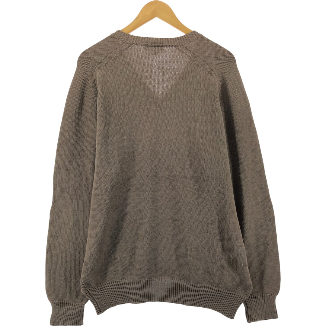 2000'S Land's End V-neck cotton knit sweater, Made in USA, Men's size L cotton beige type brown Vintage Second Hand