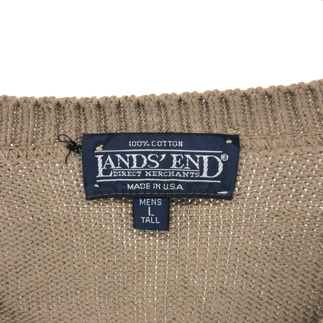 2000'S Land's End V-neck cotton knit sweater, Made in USA, Men's size L cotton beige type brown Vintage Second Hand
