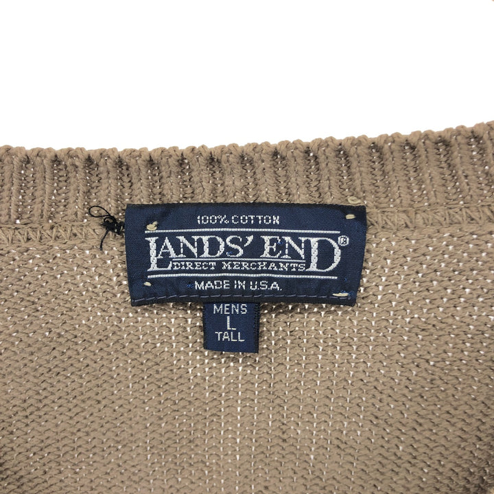 2000'S Land's End V-neck cotton knit sweater, Made in USA, Men's size L cotton beige type brown Vintage Second Hand