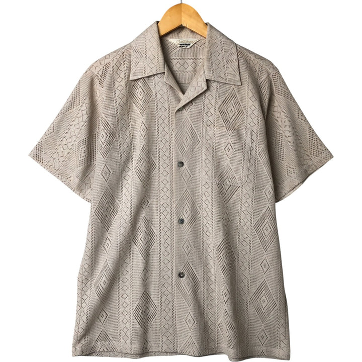 70'S lace short sleeve open collar shirt men's size L vintage polyester Beige type Vintage Second Hand