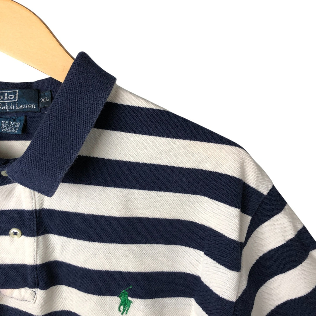 Ralph Lauren POLO by Ralph Lauren short sleeve striped polo shirt, men's XL size cotton navy blue type Vintage Second Hand