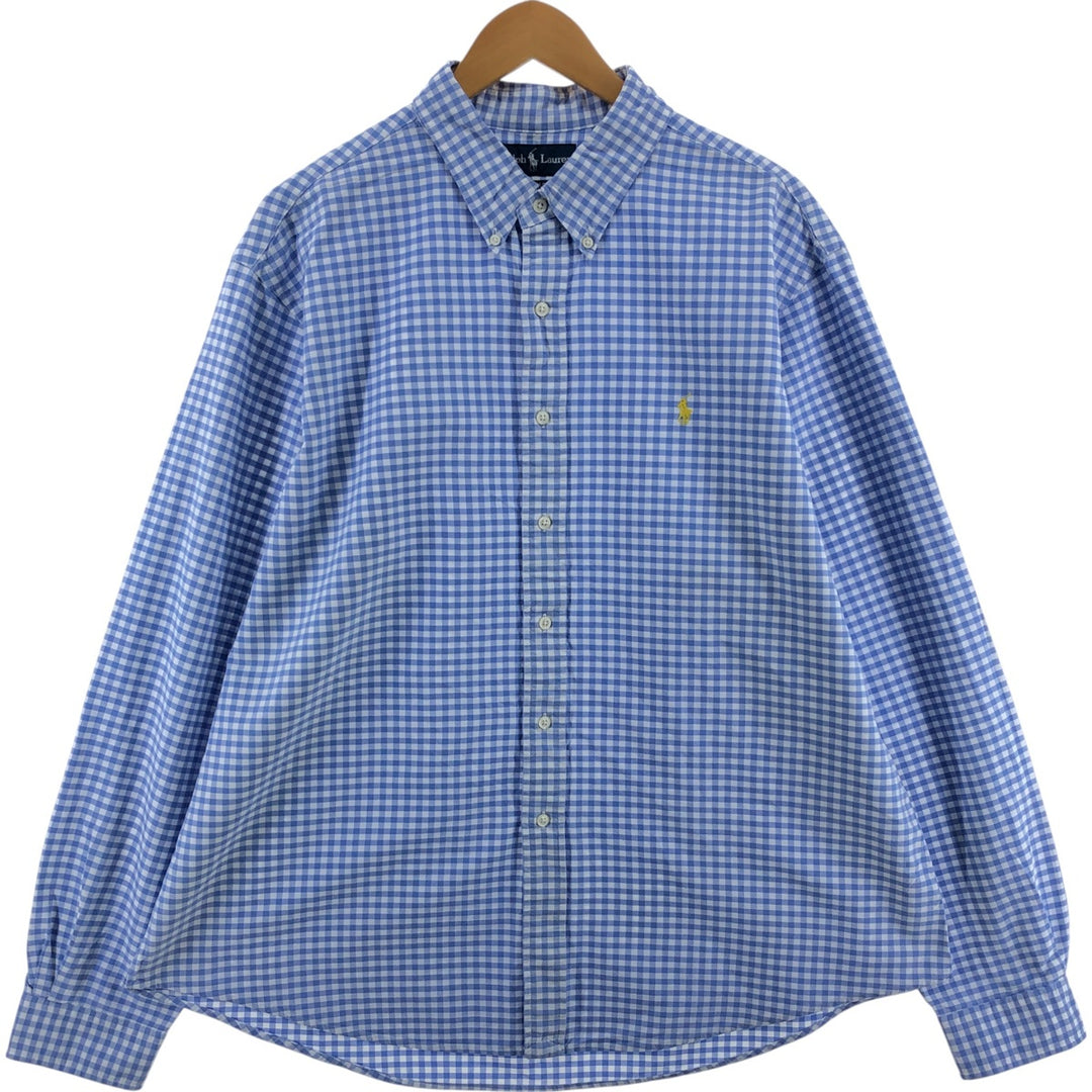 Ralph Lauren CUSTOM FIT Gingham Check Long Sleeve Button-Down Check Shirt Men's XXL cotton Blue type light blue Vintage Second Hand