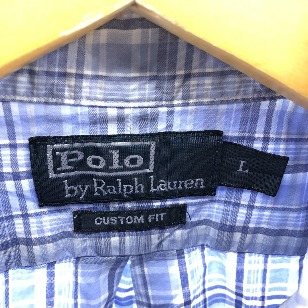 Ralph Lauren CUSTOM FIT long sleeve button down check shirt, men's size L cotton Blue type light blue Vintage Second Hand