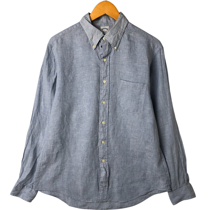 Brooks Brothers Est.1818 Long Sleeve Linen Button Down Shirt, Men's Size L linen navy blue type Vintage Second Hand
