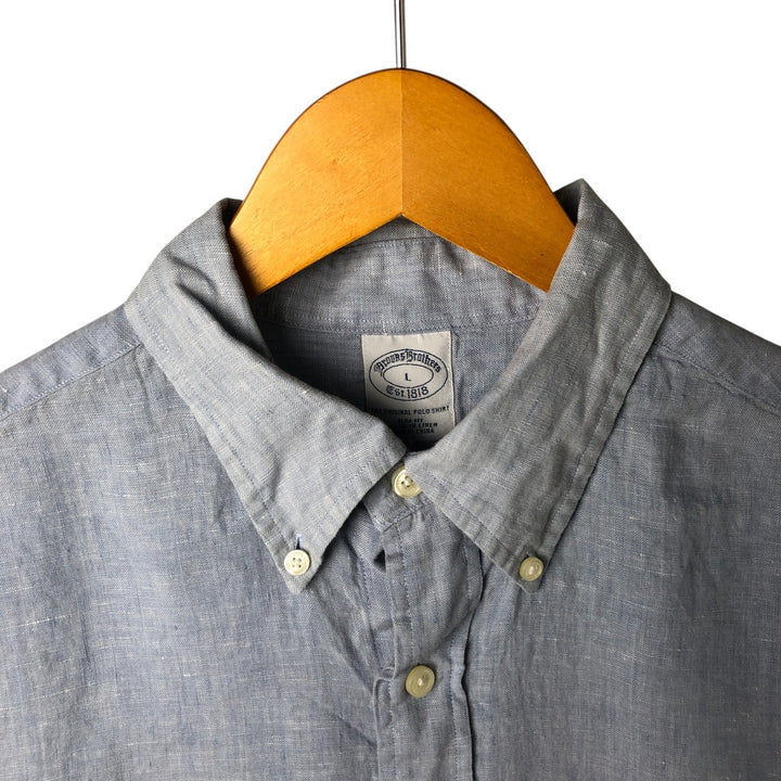 Brooks Brothers Est.1818 Long Sleeve Linen Button Down Shirt, Men's Size L linen navy blue type Vintage Second Hand